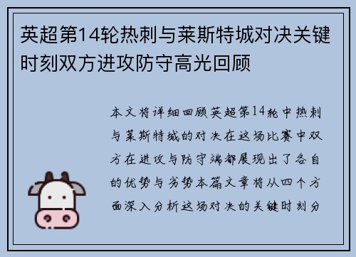 英超第14轮热刺与莱斯特城对决关键时刻双方进攻防守高光回顾